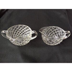 Creamer and Sugar Bowl Cut Glass Etched Diamond Lattice Vintage Set Elegant MCM